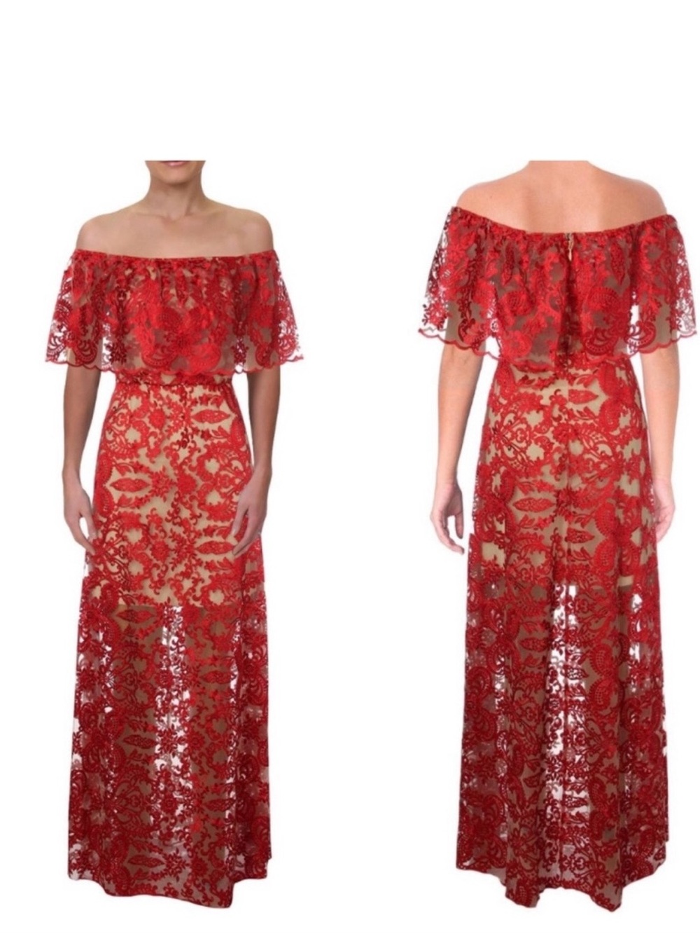 Bebe Red Off- Shoulder Lace Evening Gown